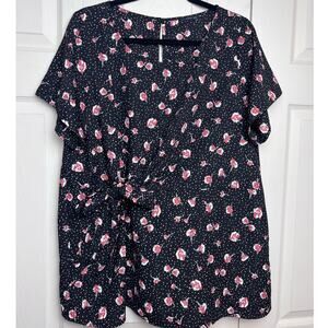 West Kai Women's Short Sleeve Top Black Red Floral Print Blouse Size 1X